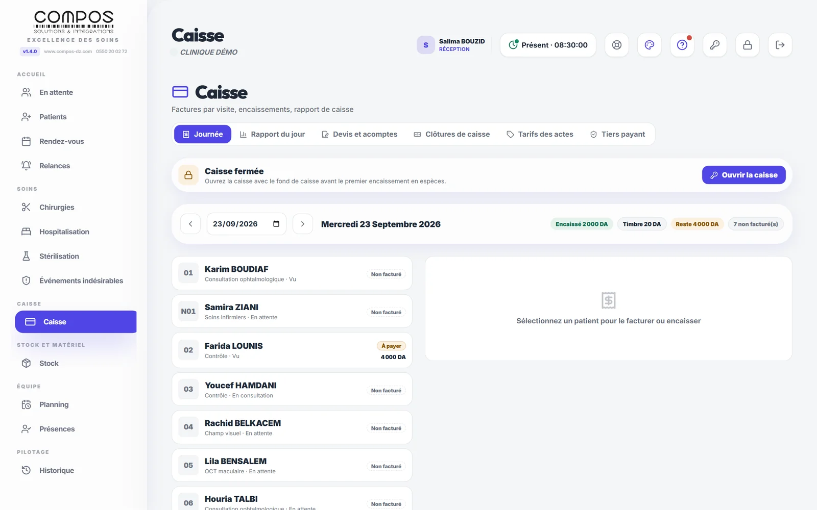 Caisse — Encaissements, factures, conventions, fond de caisse.