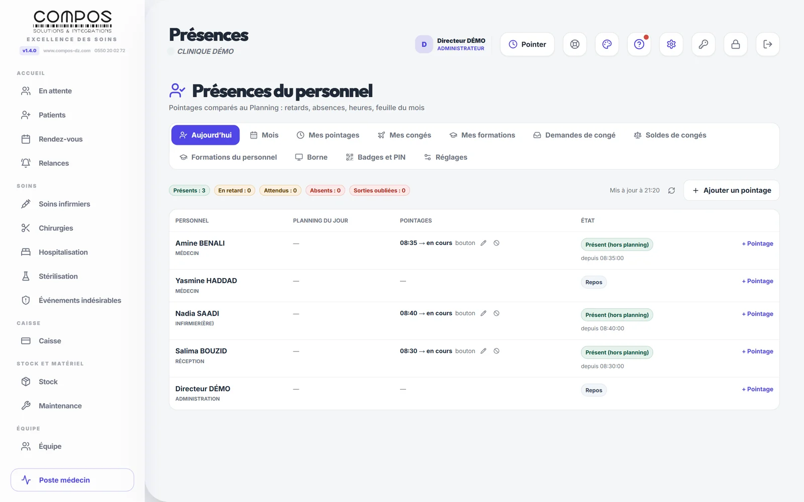 Présences et pointage — Pointages comparés au planning ; onglets Borne et Badges et PIN.